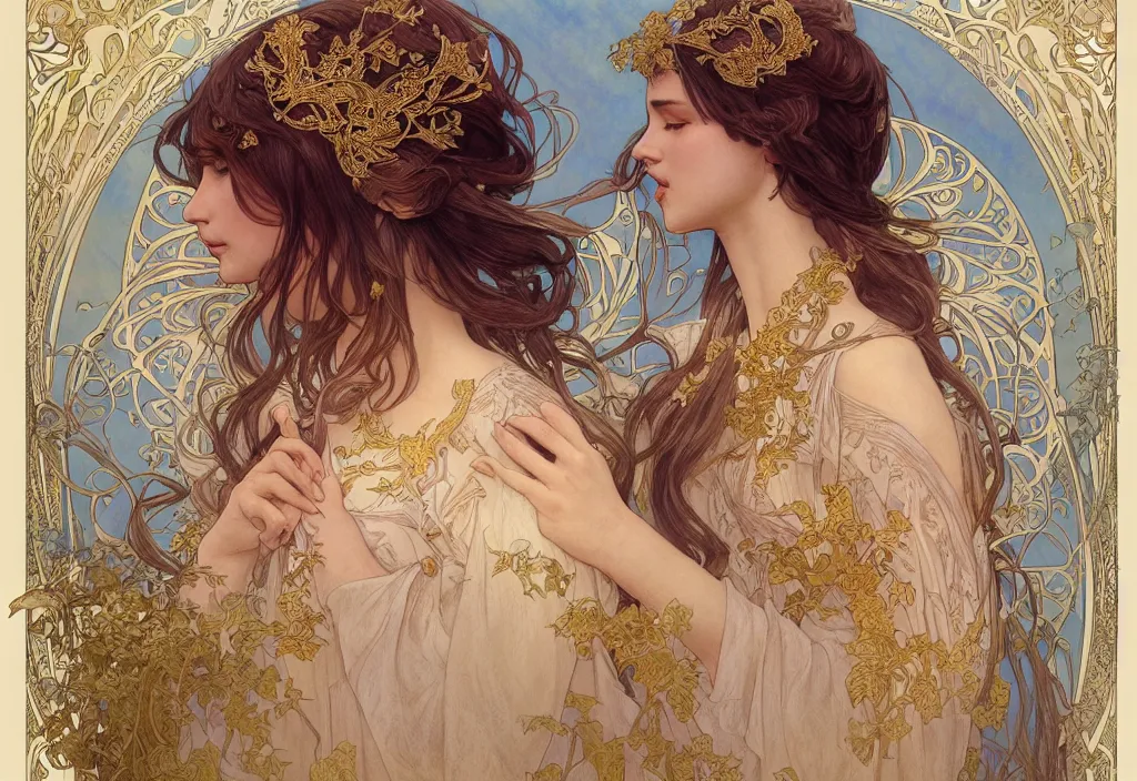 Image similar to an angel, highly detailed, very intricate, art nouveau, gold filigree, romantic storybook fantasy, soft cinematic lighting, award - winning, disney concept art watercolor illustration by mandy jurgens and alphonse mucha and alena aenami, pastel color palette, featured on artstation