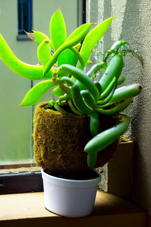 Image similar to an unknown exotic succulent shrubbery, a strange and weird potted plant is in a windowsill