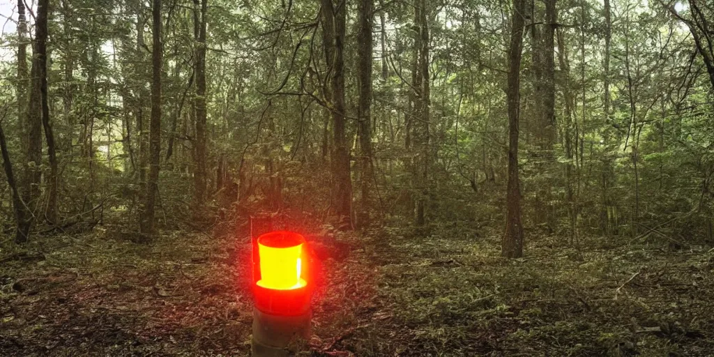 Image similar to a well with glowing orange light emanating from it in the middle of an abandoned forest in dnd