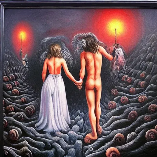 Image similar to couple walking hand in hand, in heaven and hell at the same time, surrealistic oil painting, beautiful, intricate, hell in the bottom, heaven in the top, very detailed