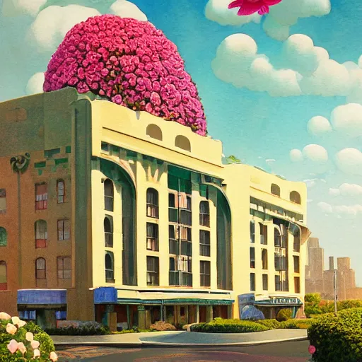 Prompt: a painting of an art deco building surrounded by flowers, a watercolor and matte painting by beeple and rhads and maxfield parrish, cgsociety, artdeco, dystopian art, sci - fi, artstation hq