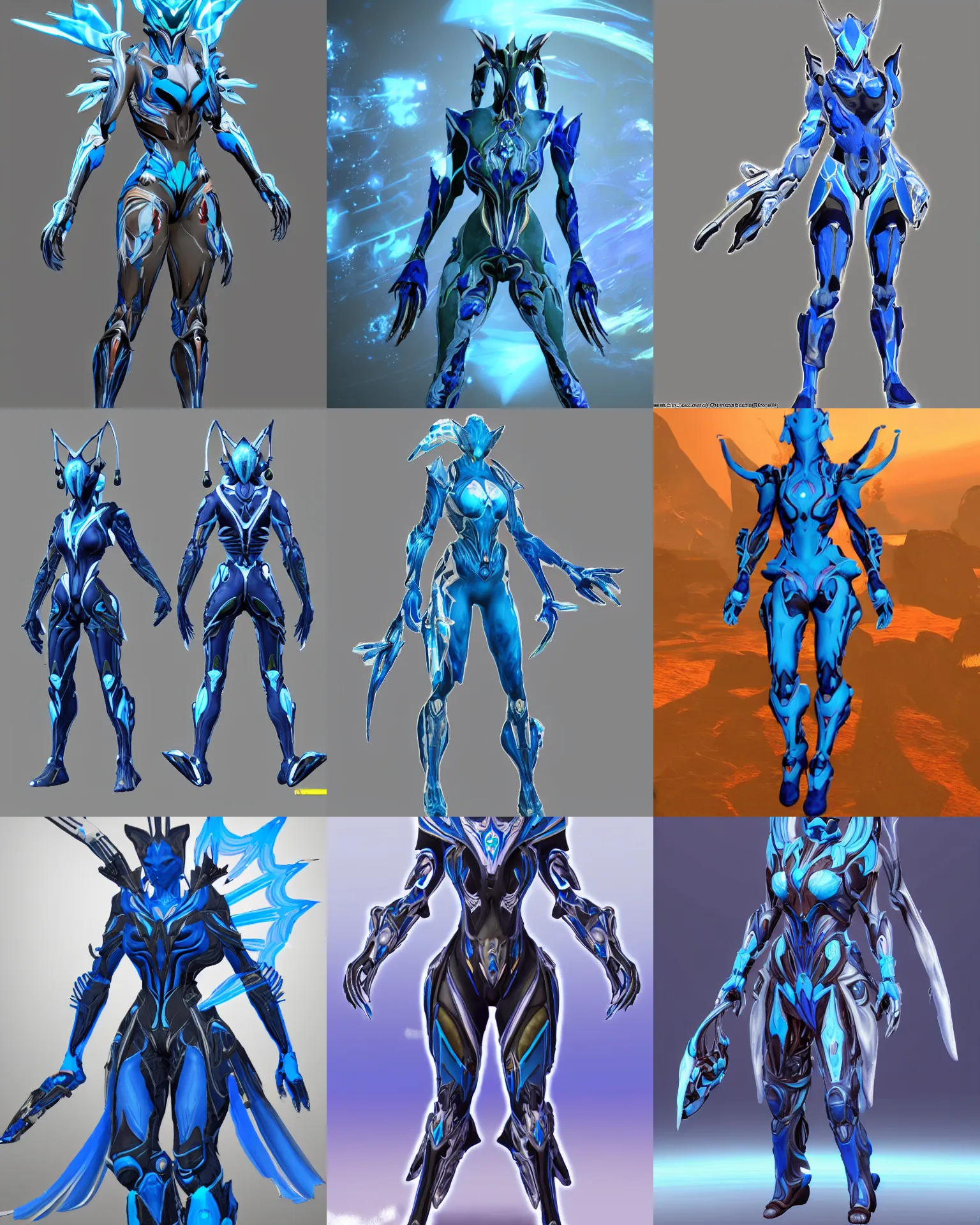 Prompt: a new warframe based on blue flowers