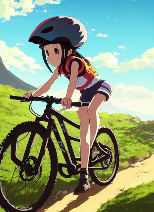 Prompt: portrait of girl riding off - road mountain bike, sunny sky background, downhill landscape, illustration concept art anime key visual trending pixiv fanbox by wlop and greg rutkowski and makoto shinkai and studio ghibli and kyoto animation, symmetrical facial features, sports clothing, mountain bike helmet, volumetric lighting