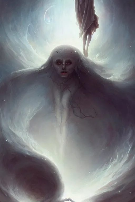 Prompt: a humanoid creature with pale white skin. the creature is bald. it is wearing a black flowing cloak that looks like mist. it is crafting an landscape in the astral plane. cosmic horror. art by peter mohrbacher and gaston bussiere.