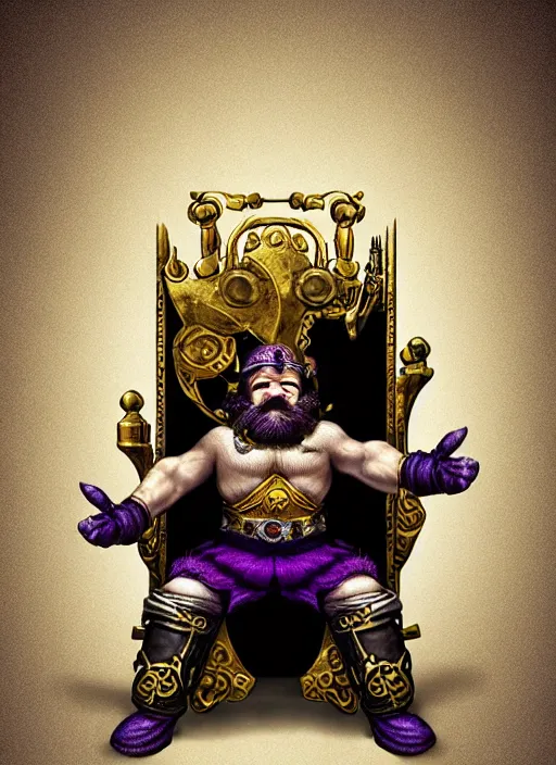 Image similar to dwarf fighter sitting in mechanical chair that has spider legs, gold and purple, exquisite details, black beard, white background, by studio muti