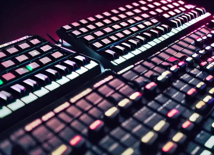 Image similar to photo still of a rack of keyboard synthesizers, 8 k, studio lighting, overhead light