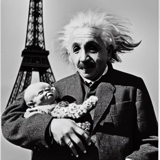 Prompt: b&w photo of Einstein holding baby Yoda on his arm next to the Eiffel tower