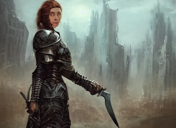 Image similar to landscape of a future city, a young english woman between the ages of 2 0 - 2 5 years, wearing armor and pointing a dagger, wearing a face full of anger. cinematic capture, dramatic condition, fine art, modern realism, sharp focus, good lighting, trending on artstation, trending on tiktok, smooth drawing, elegant, authoritative, without anomalies.