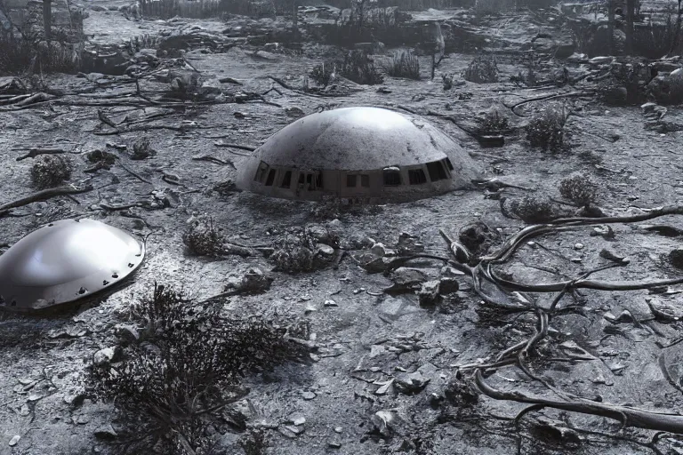 Image similar to leaked top secret footage of an ufo crash site, vintage old shot with an old camera, intricate details, eerie, highly detailed, photorealistic, octane render, 8 k, unreal engine.