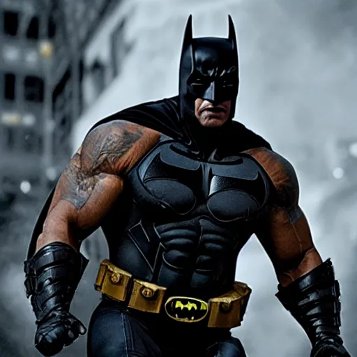 Image similar to dwayne johnson as batman, full body shot, highly - detailed, sharp focus, award - winning