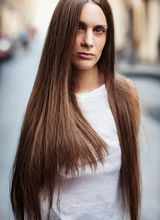 Image similar to portrait of beautiful 30-years-old French woman, with long, straight hair, well-groomed model, with lovely look, candid street portrait in the style of Martin Schoeller award winning, Sony a7R