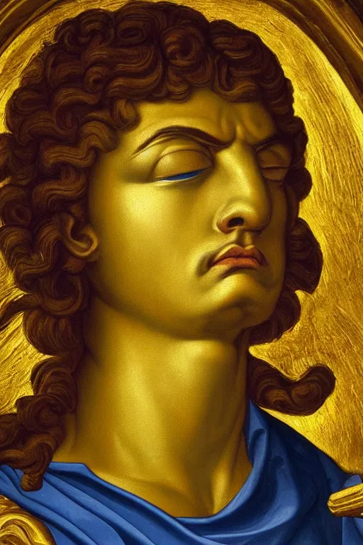 Image similar to archangel Michael, agony face, closeup, ultra detailed, made in gold, Guido Reni style