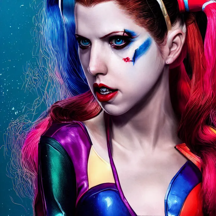 Image similar to portrait of Anna Kendrick as harley quinn. intricate abstract. intricate artwork. by Tooth Wu, wlop, beeple, dan mumford. octane render, trending on artstation, greg rutkowski very coherent symmetrical artwork. cinematic, hyper realism, high detail, octane render, 8k, iridescent accents