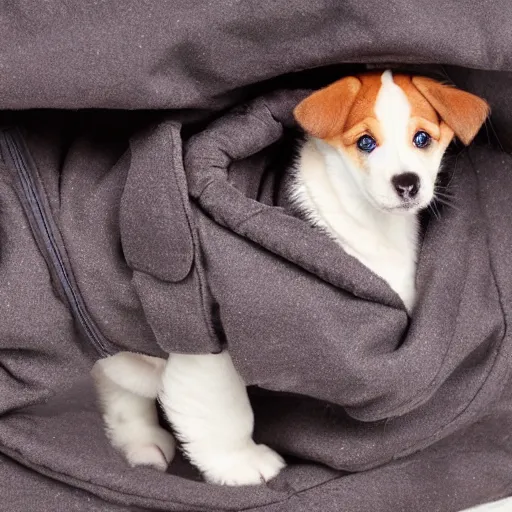 Image similar to puppy wearing a duffel coat