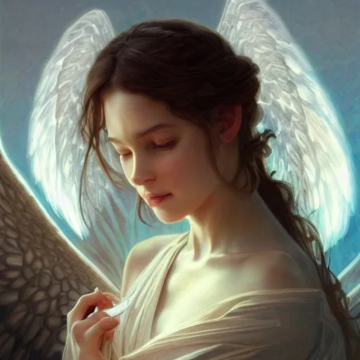 Prompt: portrait of a beautiful angel, fantasy, highly detailed, digital painting, artstation, concept art, smooth, sharp focus, illustration, art by artgerm and greg rutkowski and alphonse mucha