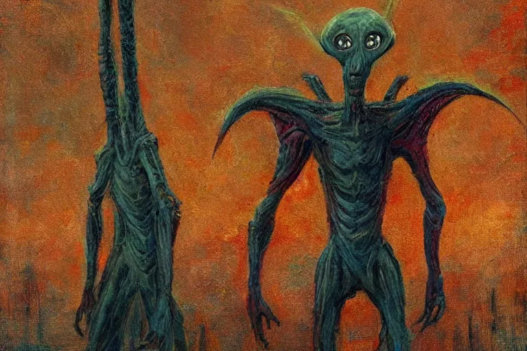 Prompt: a tall terrifying alien. in the style of american impressionism painting.