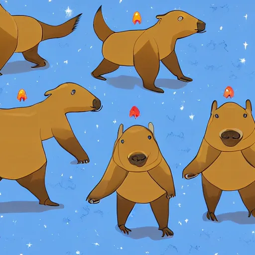 Image similar to a squad of capybara astronauts on a swamp planet