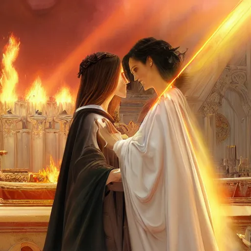 Image similar to an beautiful and detailed matte painting of a lesbian wedding between evil pyromancer and a red mage, unholy union, white church background, god rays, sharp focus, highly detailed, cinematic lighting, studio quality, colorful, smooth render, vector illustration, award winning, by artgerm, greg rutkowski, alphonse mucha