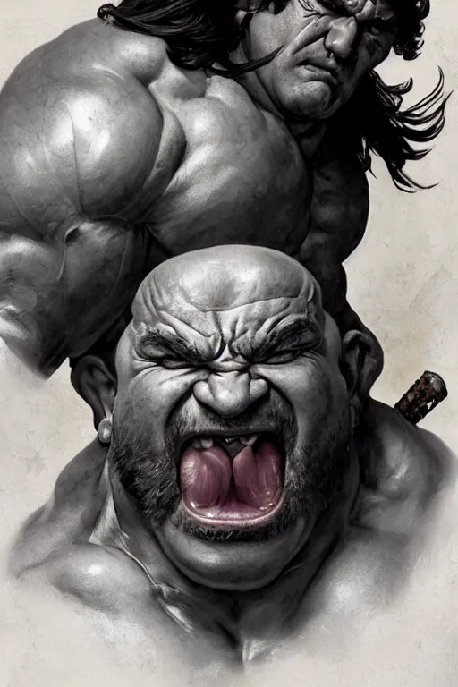 Image similar to hulking herculean barbarian danny devito, masterpiece, intricate, elegant, highly detailed, digital painting, artstation, concept art, smooth, sharp focus, illustration, art by artgerm and greg rutkowski and alphonse mucha and uang guangjian and gil elvgren and sachin teng, symmetry!!