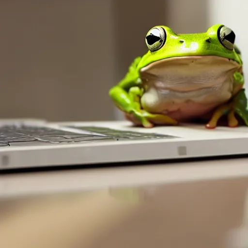 Image similar to a frog working as a software developer in an office, 8k, hyper realistic, render