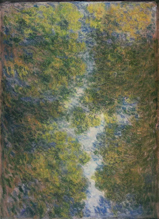 Prompt: trees growing from the ceiling of a dilapidated decaying building casting a reflection in water in the ground by claude monet