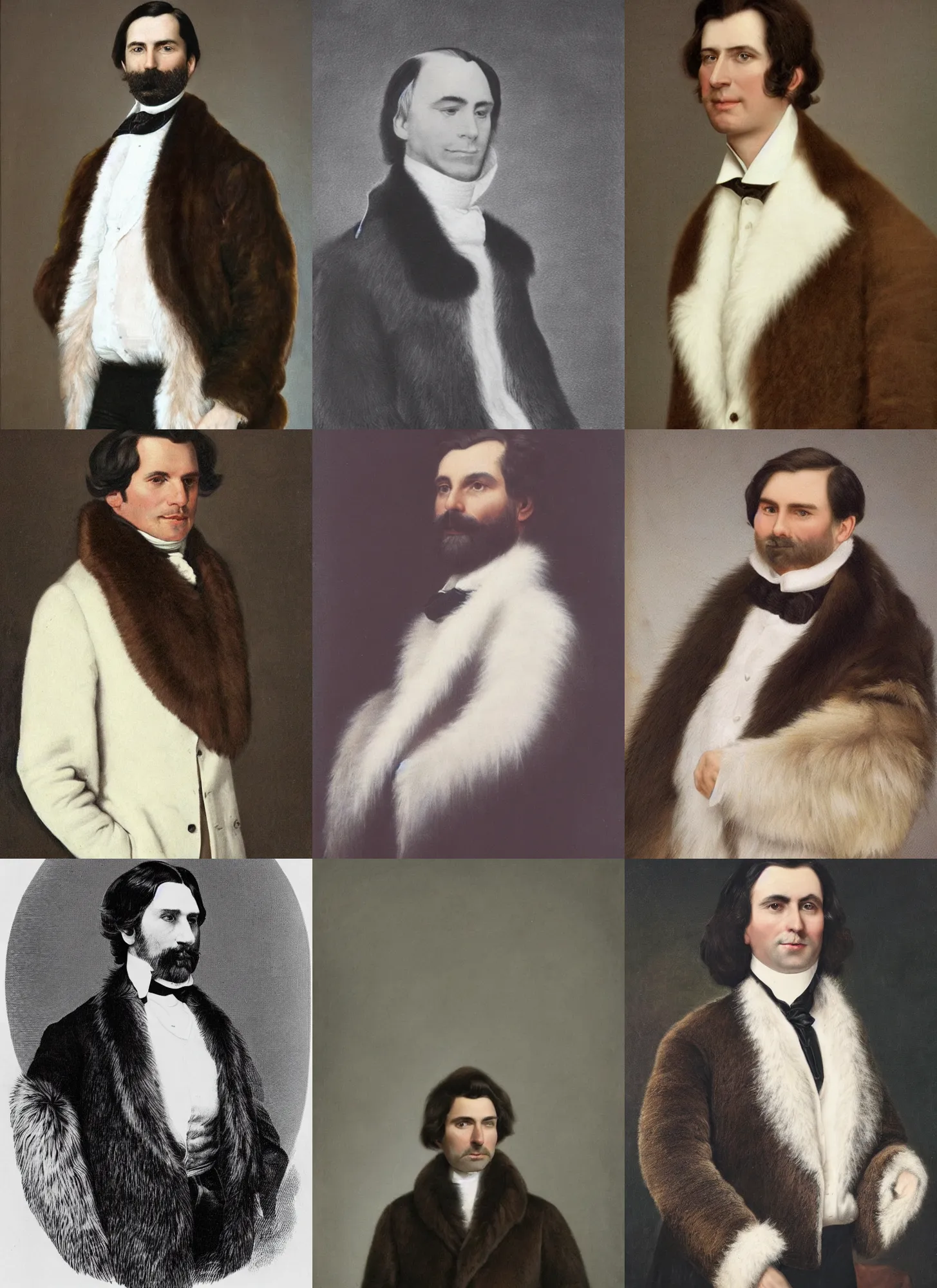 Prompt: portrait of a man with smooth, long!!!!!!!!!! dark brown hair in a white shirt under a 1 9 th century fur coat, looking to the right