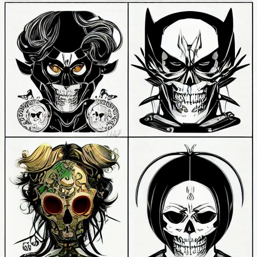 Image similar to anime manga skull portrait marvel batman comic skeleton illustration style by Alphonse Mucha pop art nouveau