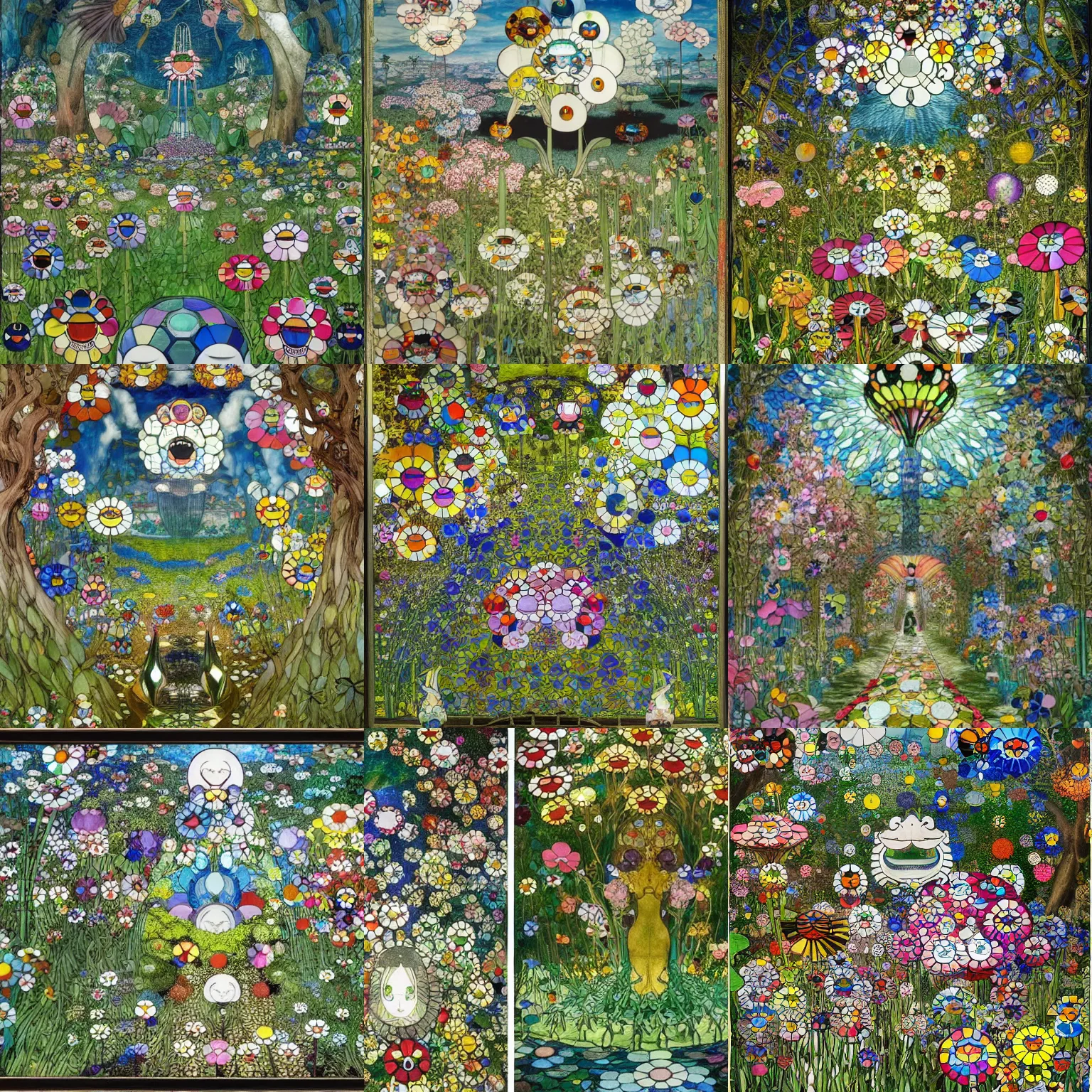Prompt: mysterious garden by takashi murakami, louis comfort tiffany and hieronymus bosch