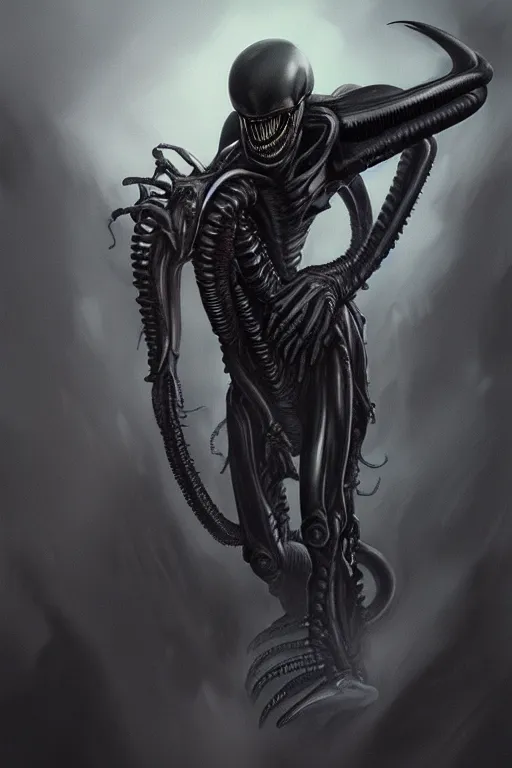 Prompt: Xenomorph full length portrait, evening, detailed matte painting, Giger, Artstation