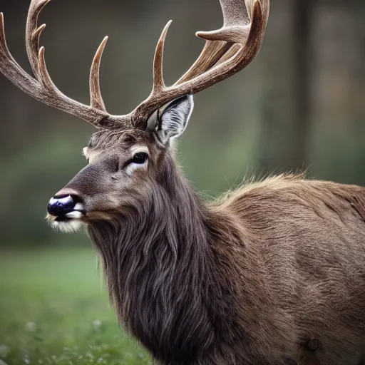 Prompt: photo of a stag with large antlers photography. national geographic. moebius, miyazaki, ghibli, detailed face and fur, ultra hd, sharp. volumetric lighting, hasselblad. nikon z 9. 1 0 0 mm. f / 2. 5