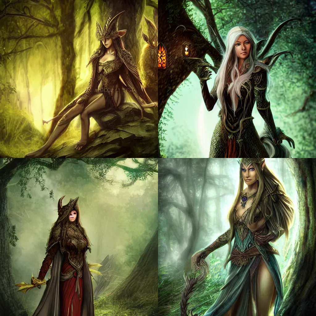 Prompt: an elven woman looking out into the woods on at night, her draconic companion by her side, slight smile, D&D, HD, HDR, Highly detailed, pathfinder,