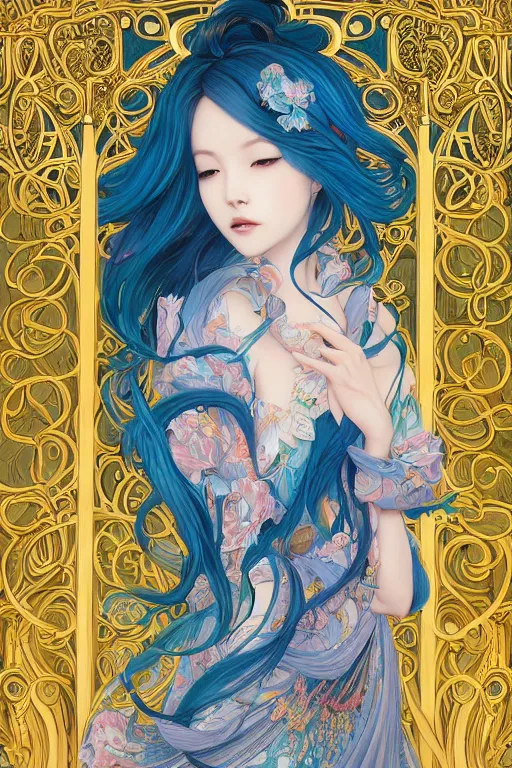 Image similar to breathtaking detailed painting by pilyeon and yuumei art, a full shot queen with long flowing bright blue hair, long dress and pastel flowers petals and golden tumultuous clouds, symmetrical facial features, at dawn in front of a pristine golden art nouveau cathedral, elegant, highly detailed, artstation, concept art, matte, sharp focus,