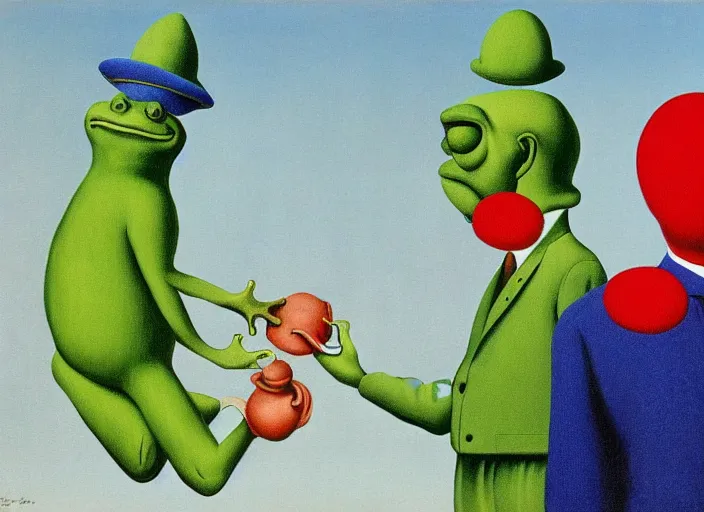 Prompt: The Frog King welcomes you Clown World, painting by René Magritte and Robert Crumb
