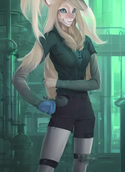 Image similar to beautiful portrait commission of a cute female furry anthro Canadian Lynx fursona casual clothes in a futuristic mechanical laboratory. blonde hair. Green Eyes. character design by charlie bowater, ross tran, artgerm, and makoto shinkai, detailed, inked, western comic book art