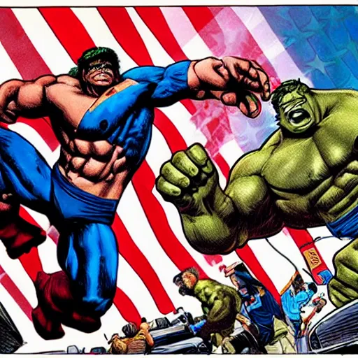 Prompt: hulk as president of united states, with huge bazooka, on car, unreal engine art, detail, by kresto the artist