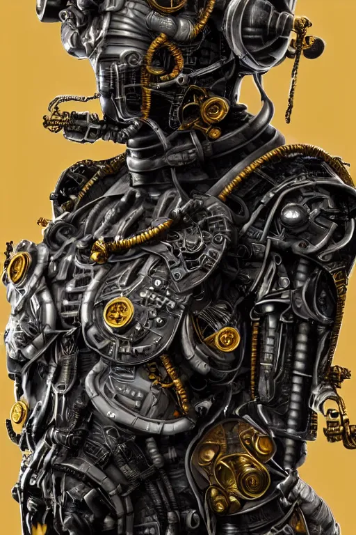 Prompt: Portrait of a dieselpunk sci-fi cyborg ninja, third person, D&D, sci-fi fantasy, pistons and bolts, intricate, black and gold, highly detailed, art by Range Murata, highly detailed, 3d, octane render, bright colors, digital painting, trending on artstation, sharp focus, illustration style of Stanley Artgerm ----- background in the style of dripping melting slime, red and purple, highly detailed, art by Range Murata, highly detailed, 3d, octane render, bright colors, digital painting, trending on artstation, sharp focus, illustration style of Stanley Artgerm