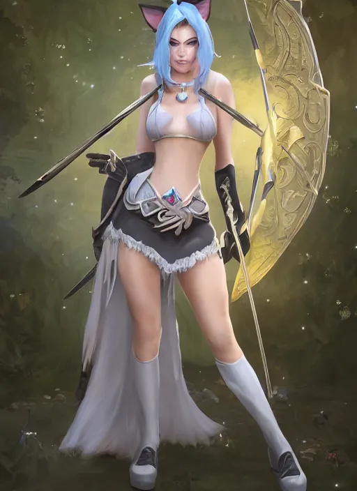 Image similar to ashe, from league of legends, shooting arrows with a silver bow, wearing fluffy skin, long skirt, hyper detailed, digital art, trending in artstation, cinematic lighting, studio quality, zoom in, smooth render, unreal engine 5 rendered, octane rendered, art style by klimt and nixeu and ian sprigger and wlop and krenz cushart