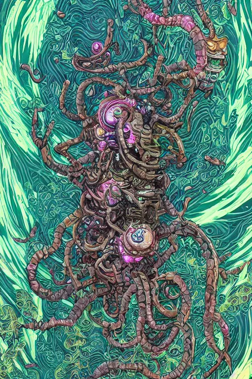 Image similar to creature sushi roots cactus elemental flush of force nature micro world fluo light deepdream a wild amazing steampunk baroque ancient alien creature, intricate detail, colorful digital painting that looks like it is from borderlands and by feng zhu and loish and laurie greasley, victo ngai, andreas rocha, john harris