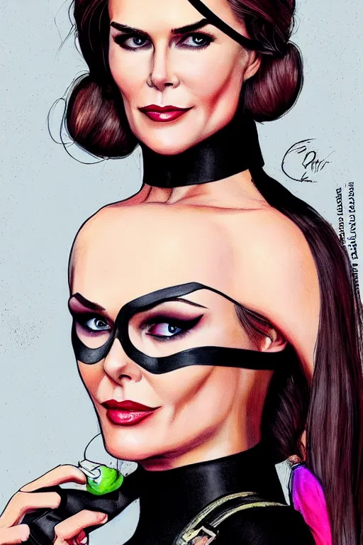 Image similar to portrait of a mix of beautiful young maria shriver, mariel hemmingway, brooke shields, nicole kidman and elle macpherson as catwoman, thin lips, hair tied up in a pony tail, colorful artstation, cgsociety