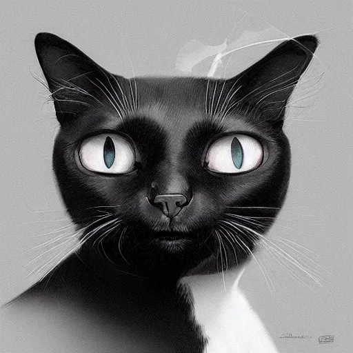 Prompt: black and white cat, with a black spot under the mouth, by Stanley Artgerm Lau, WLOP, Rossdraws, James Jean, Andrei Riabovitchev, Marc Simonetti, Yoshitaka Amano, ArtStation, CGSociety,