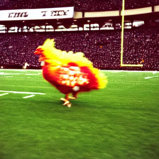 Image similar to the famous funky chicken runs across a football field, interrupting the big game, 3 5 mm