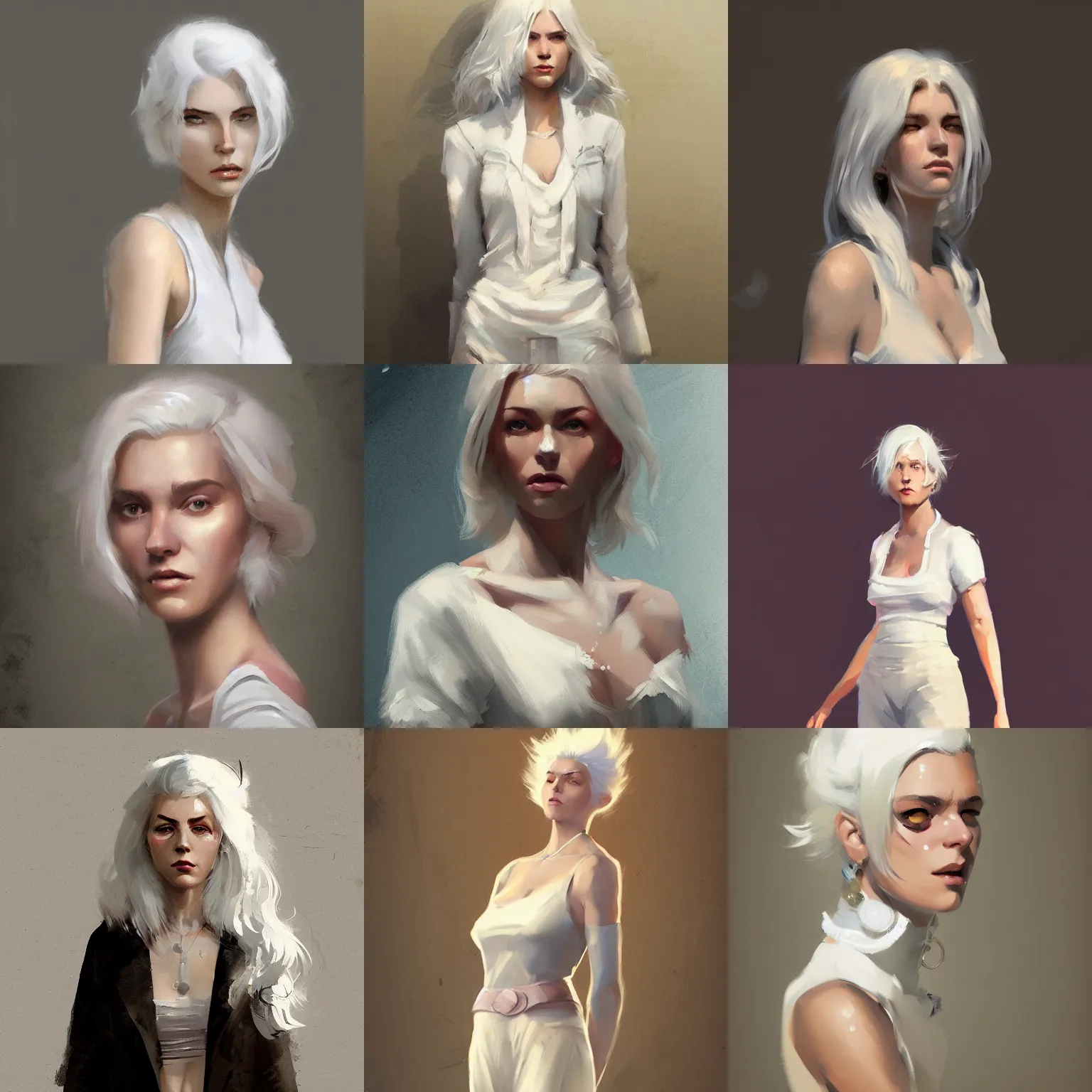 Prompt: a digital paintig of a full body portrait of a random gorgeous white haired female character with vintage style, by greg rutkowski, trending on artstation