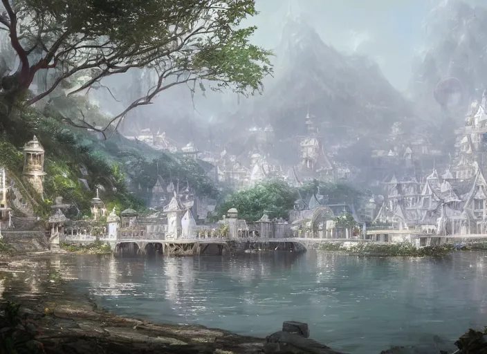 Image similar to A fishing port near the ocean in a beautiful elven city made of white marble, anime, lush trees, fountain, a fantasy digital painting by Greg Rutkowski and James Gurney, trending on Artstation, highly detailed