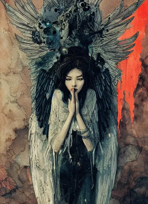 Prompt: angel, eun emerging from renaissance italy into a cyberpunk mutiversal realm by conrad roset, nicola samuri, dino valls, m. w. kaluta, jakub rebelka, rule of thirds, seductive look, beautiful
