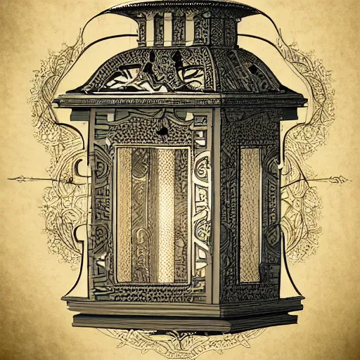 Image similar to very technical and detailed blueprint of a lantern, Center Frame, intricate details, ultra-detailed, baroque style, illustration, desaturated, concept art