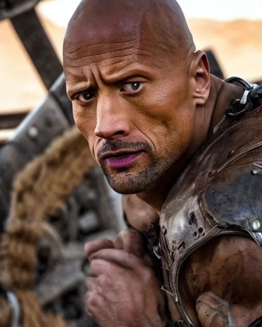 Prompt: film still close up shot of dwayne johnson as max rockatansky in the movie mad max. photographic, photography