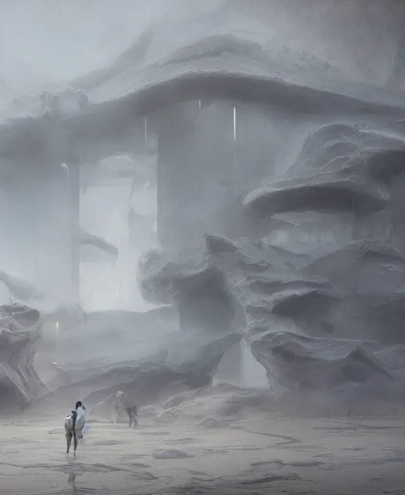 Prompt: surreal epic, masterpiece, romantic white exploration base, ancient ochre palette, impossible architecture by ruan jia, mecha floor, futuristic, blame, white architecture in the beach in iceland, foggy, highly detailed, digital painting, arstation, concept art, hyperealistic octane render, unreal engine