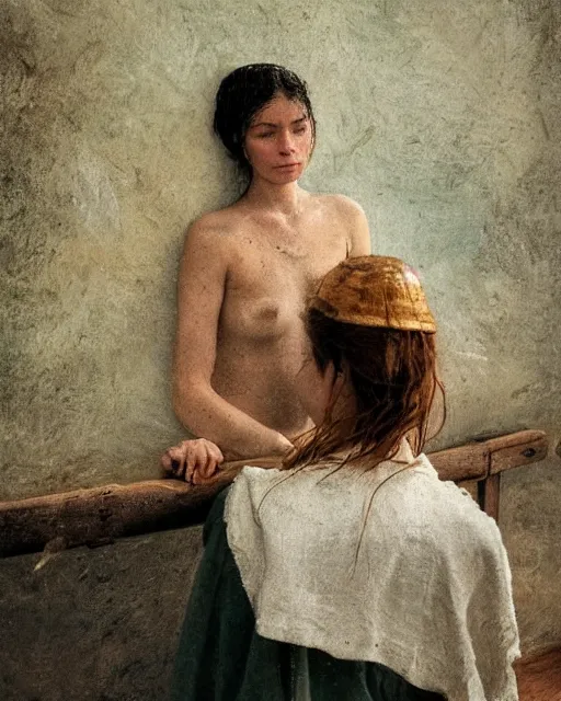 Prompt: portrait of 2 peasant woman with wet hair in a steam bath, minimalistic interior, soviet style, Cinematic focus, Polaroid photo, vintage, neutral colors, soft light, foggy, by Steve Hanks, by Serov Valentin, by lisa yuskavage, by Andrei Tarkovsky 8k render, detailed, oil on canvas