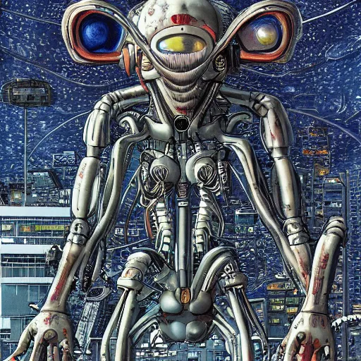 Prompt: A Hyper-Detailed Alien, Future Tech, Art by Katsuhiro Otomo ::