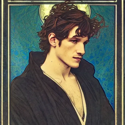 Image similar to gaspard ulliel portrait by louis - theophile hingre and alphonse mucha, realistic, sharp focus, zodiac signs, tarot cards, planets, ethereal, art nouveau, magic, moon, sun, crown, dreamy, royal, jewellery